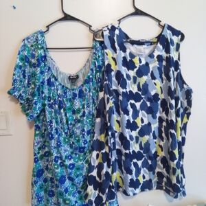 Blue and Green Blouse with Vibrant Floral Design